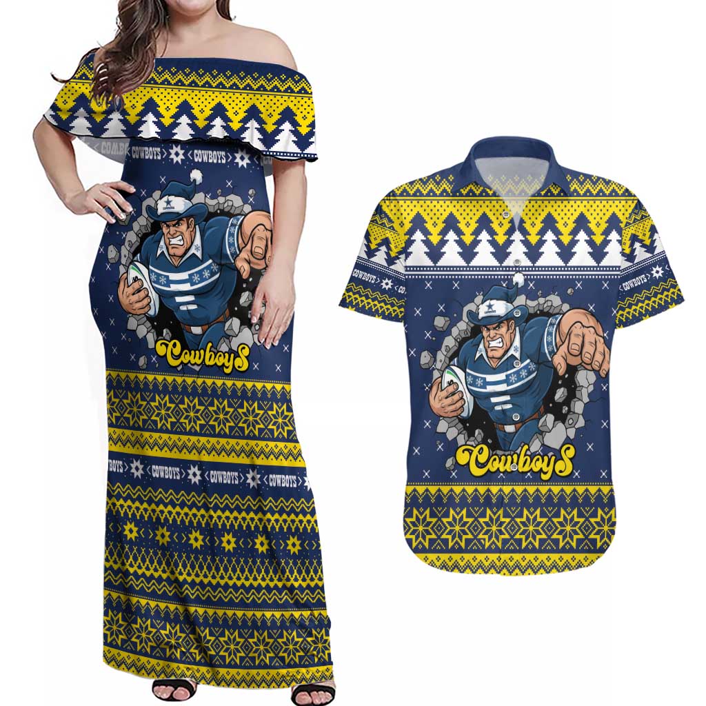 Merry Queensland Cowboys Personalised Couples Matching Off Shoulder Maxi Dress and Hawaiian Shirt Christmas Rugby League Spirit - Aussie Hoodie
