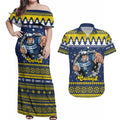 Merry Queensland Cowboys Personalised Couples Matching Off Shoulder Maxi Dress and Hawaiian Shirt Christmas Rugby League Spirit - Aussie Hoodie