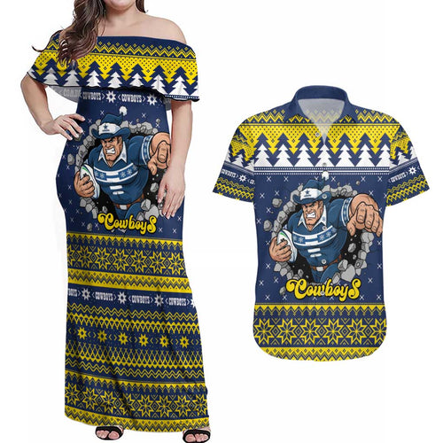 Merry Queensland Cowboys Personalised Couples Matching Off Shoulder Maxi Dress and Hawaiian Shirt Christmas Rugby League Spirit - Aussie Hoodie