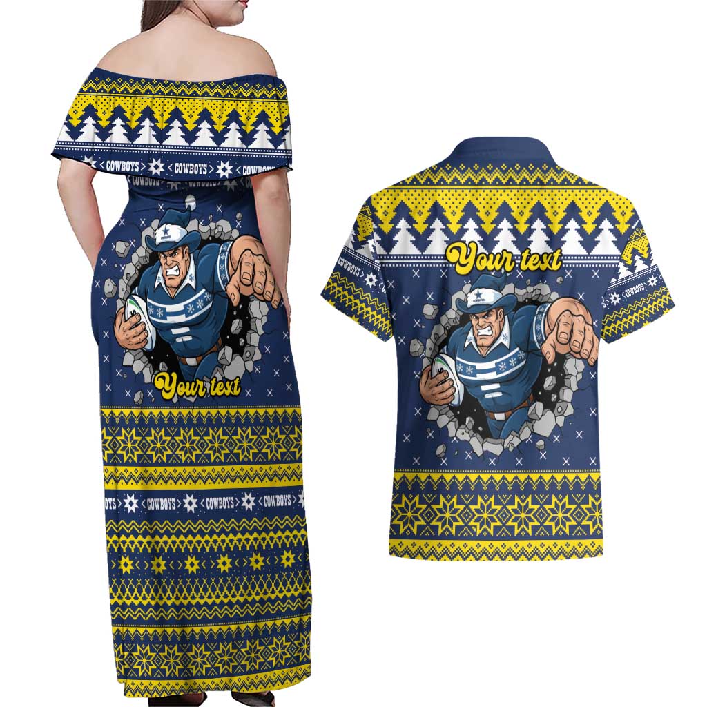 Merry Queensland Cowboys Personalised Couples Matching Off Shoulder Maxi Dress and Hawaiian Shirt Christmas Rugby League Spirit - Aussie Hoodie