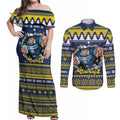 Merry Queensland Cowboys Personalised Couples Matching Off Shoulder Maxi Dress and Long Sleeve Button Shirt Christmas Rugby League Spirit - Aussie Hoodie