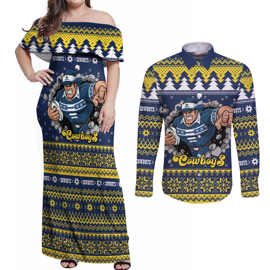 Merry Queensland Cowboys Personalised Couples Matching Off Shoulder Maxi Dress and Long Sleeve Button Shirt Christmas Rugby League Spirit - Aussie Hoodie