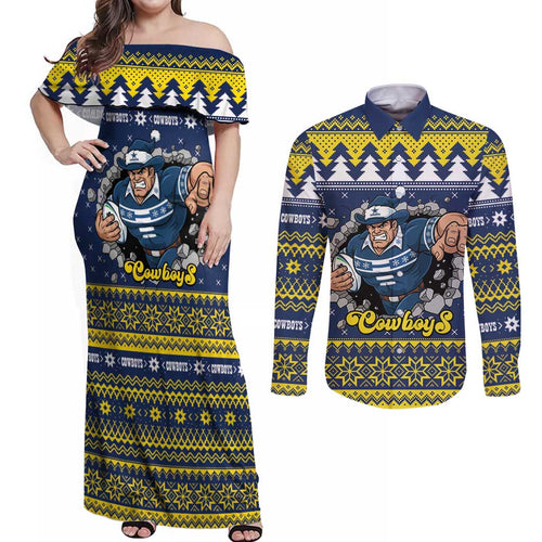 Merry Queensland Cowboys Personalised Couples Matching Off Shoulder Maxi Dress and Long Sleeve Button Shirt Christmas Rugby League Spirit - Aussie Hoodie