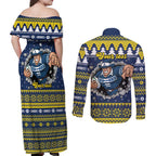 Merry Queensland Cowboys Personalised Couples Matching Off Shoulder Maxi Dress and Long Sleeve Button Shirt Christmas Rugby League Spirit - Aussie Hoodie
