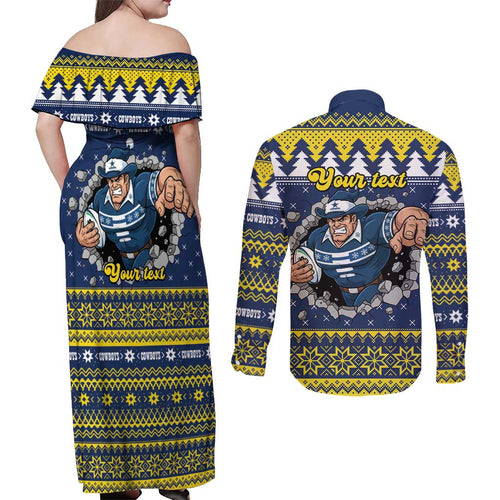 Merry Queensland Cowboys Personalised Couples Matching Off Shoulder Maxi Dress and Long Sleeve Button Shirt Christmas Rugby League Spirit - Aussie Hoodie