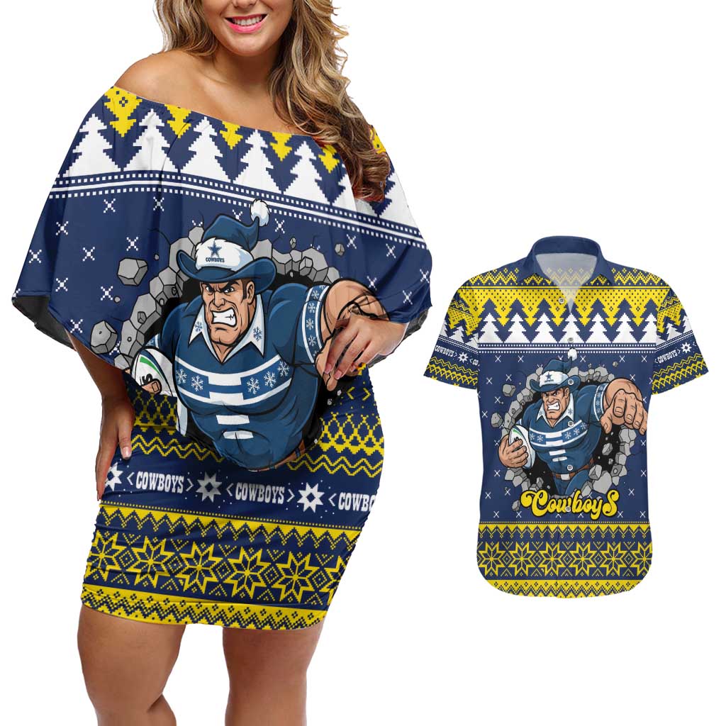 Merry Queensland Cowboys Personalised Couples Matching Off Shoulder Short Dress and Hawaiian Shirt Christmas Rugby League Spirit - Aussie Hoodie