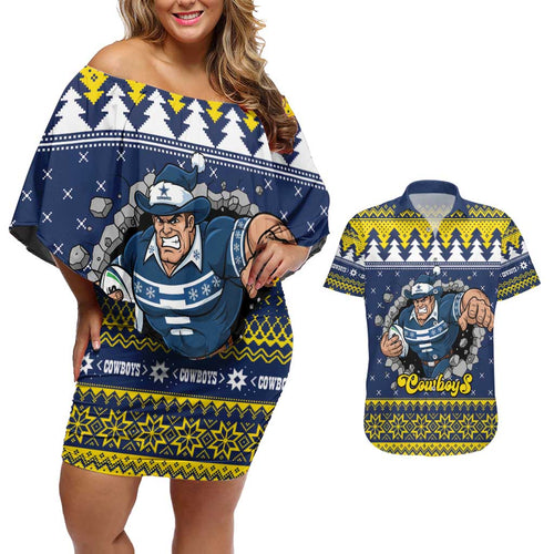 Merry Queensland Cowboys Personalised Couples Matching Off Shoulder Short Dress and Hawaiian Shirt Christmas Rugby League Spirit - Aussie Hoodie