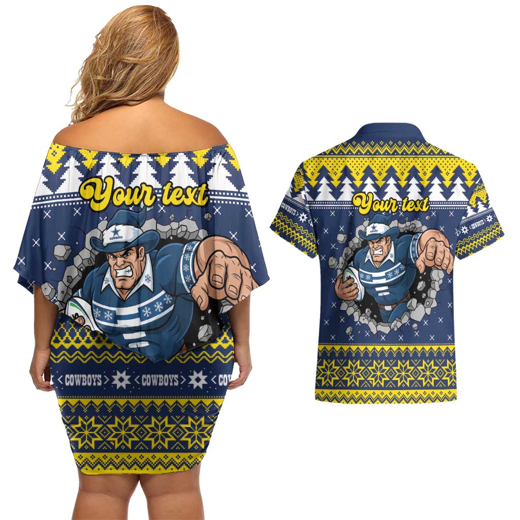 Merry Queensland Cowboys Personalised Couples Matching Off Shoulder Short Dress and Hawaiian Shirt Christmas Rugby League Spirit - Aussie Hoodie