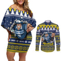 Merry Queensland Cowboys Personalised Couples Matching Off Shoulder Short Dress and Long Sleeve Button Shirt Christmas Rugby League Spirit - Aussie Hoodie