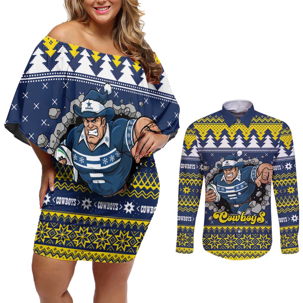 Merry Queensland Cowboys Personalised Couples Matching Off Shoulder Short Dress and Long Sleeve Button Shirt Christmas Rugby League Spirit - Aussie Hoodie