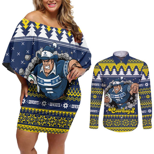 Merry Queensland Cowboys Personalised Couples Matching Off Shoulder Short Dress and Long Sleeve Button Shirt Christmas Rugby League Spirit - Aussie Hoodie