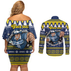Merry Queensland Cowboys Personalised Couples Matching Off Shoulder Short Dress and Long Sleeve Button Shirt Christmas Rugby League Spirit - Aussie Hoodie