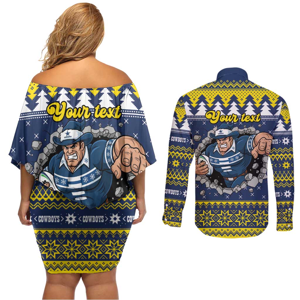 Merry Queensland Cowboys Personalised Couples Matching Off Shoulder Short Dress and Long Sleeve Button Shirt Christmas Rugby League Spirit - Aussie Hoodie