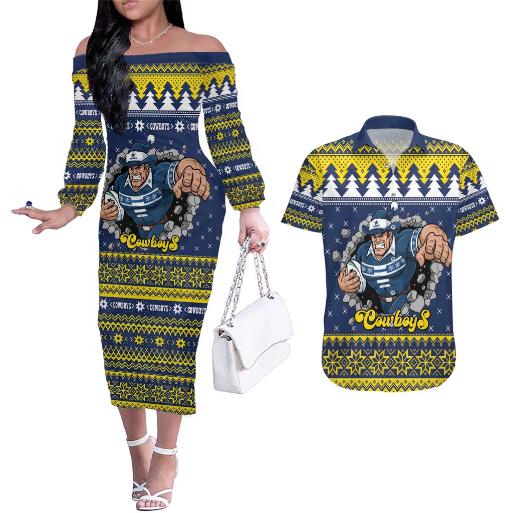 Merry Queensland Cowboys Personalised Couples Matching Off The Shoulder Long Sleeve Dress and Hawaiian Shirt Christmas Rugby League Spirit - Aussie Hoodie