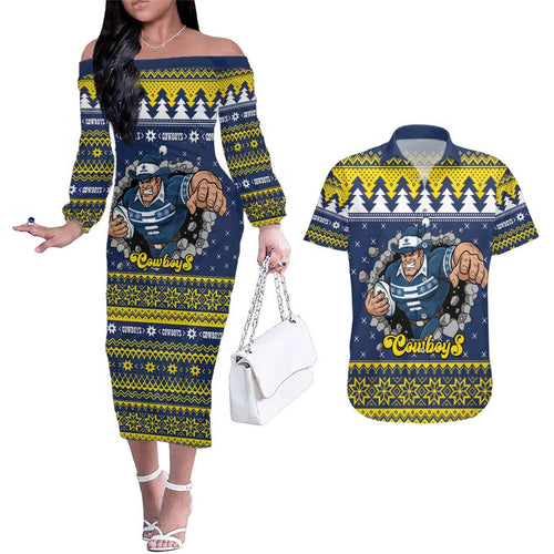 Merry Queensland Cowboys Personalised Couples Matching Off The Shoulder Long Sleeve Dress and Hawaiian Shirt Christmas Rugby League Spirit - Aussie Hoodie