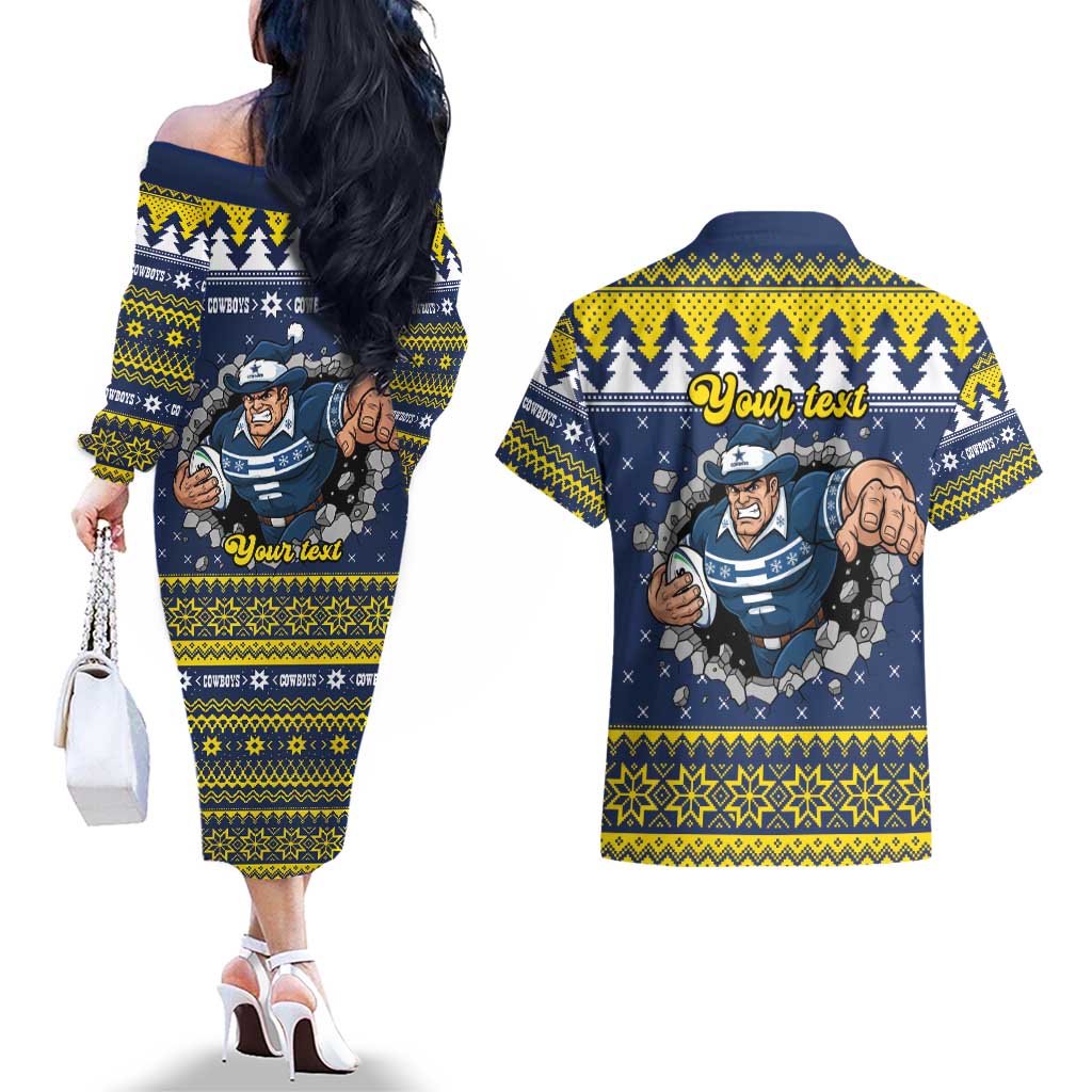 Merry Queensland Cowboys Personalised Couples Matching Off The Shoulder Long Sleeve Dress and Hawaiian Shirt Christmas Rugby League Spirit - Aussie Hoodie