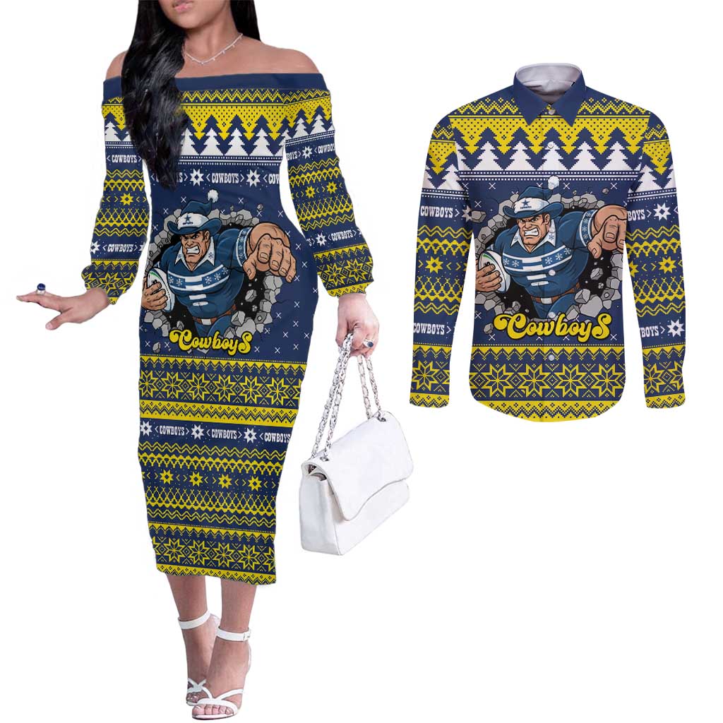 Merry Queensland Cowboys Personalised Couples Matching Off The Shoulder Long Sleeve Dress and Long Sleeve Button Shirt Christmas Rugby League Spirit - Aussie Hoodie