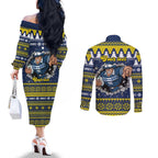 Merry Queensland Cowboys Personalised Couples Matching Off The Shoulder Long Sleeve Dress and Long Sleeve Button Shirt Christmas Rugby League Spirit - Aussie Hoodie