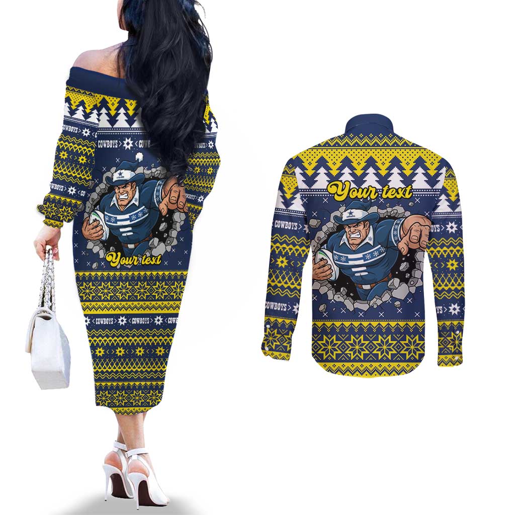 Merry Queensland Cowboys Personalised Couples Matching Off The Shoulder Long Sleeve Dress and Long Sleeve Button Shirt Christmas Rugby League Spirit - Aussie Hoodie