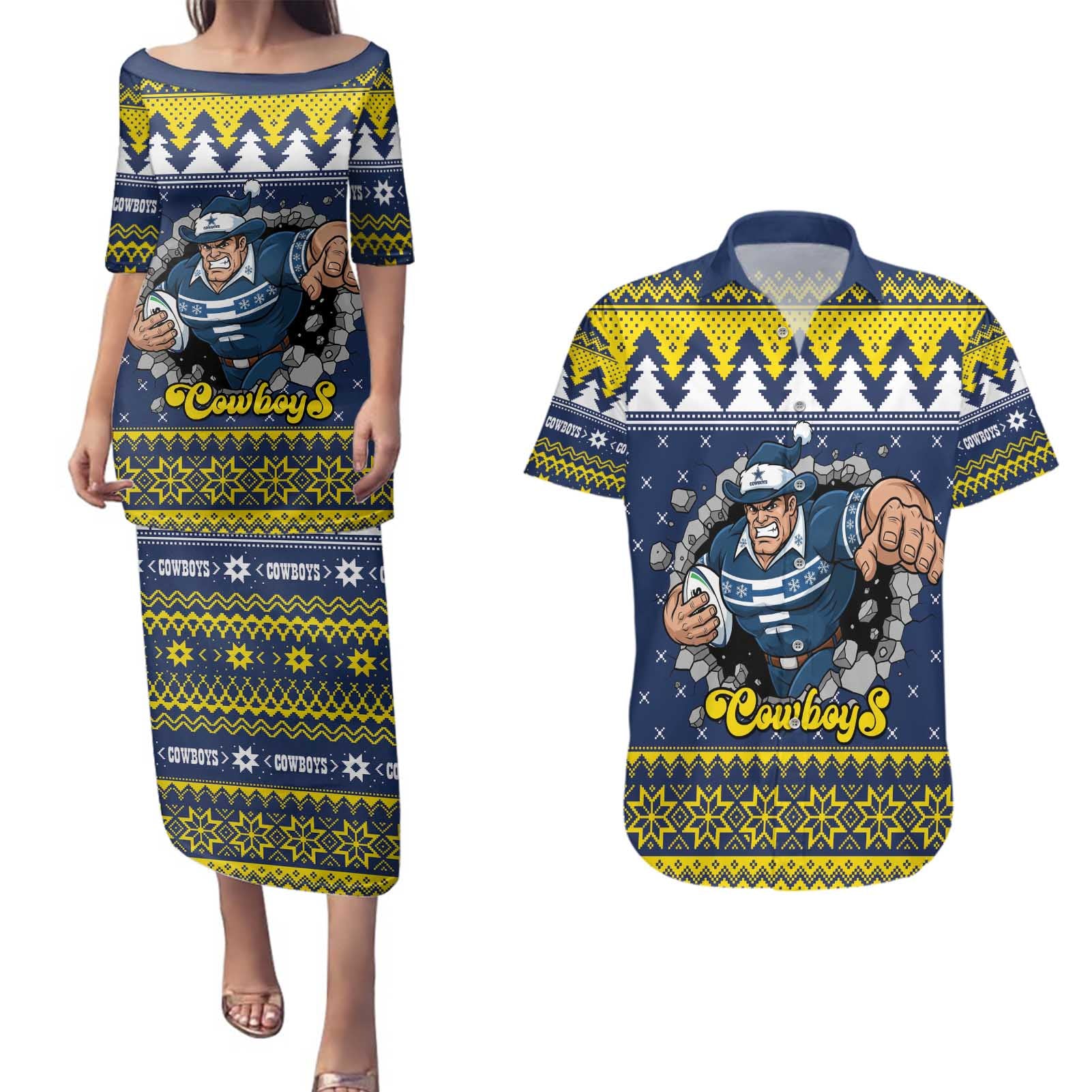 Merry Queensland Cowboys Personalised Couples Matching Puletasi and Hawaiian Shirt Christmas Rugby League Spirit - Aussie Hoodie