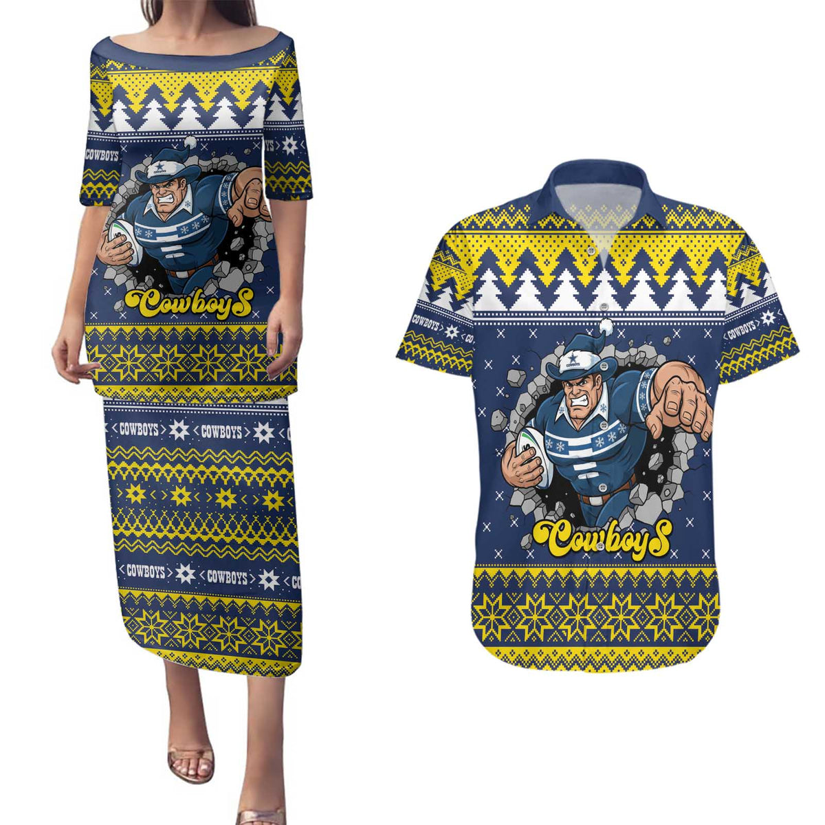 Merry Queensland Cowboys Personalised Couples Matching Puletasi and Hawaiian Shirt Christmas Rugby League Spirit - Aussie Hoodie
