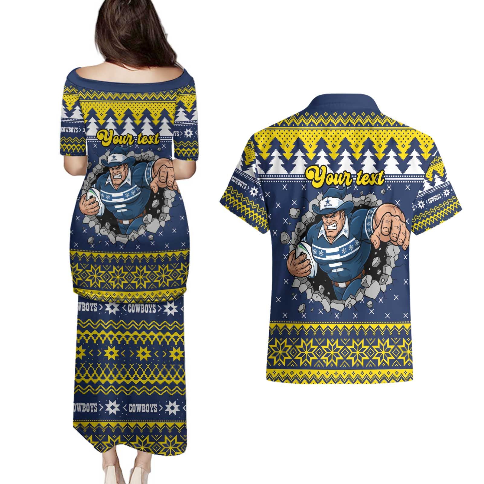 Merry Queensland Cowboys Personalised Couples Matching Puletasi and Hawaiian Shirt Christmas Rugby League Spirit - Aussie Hoodie
