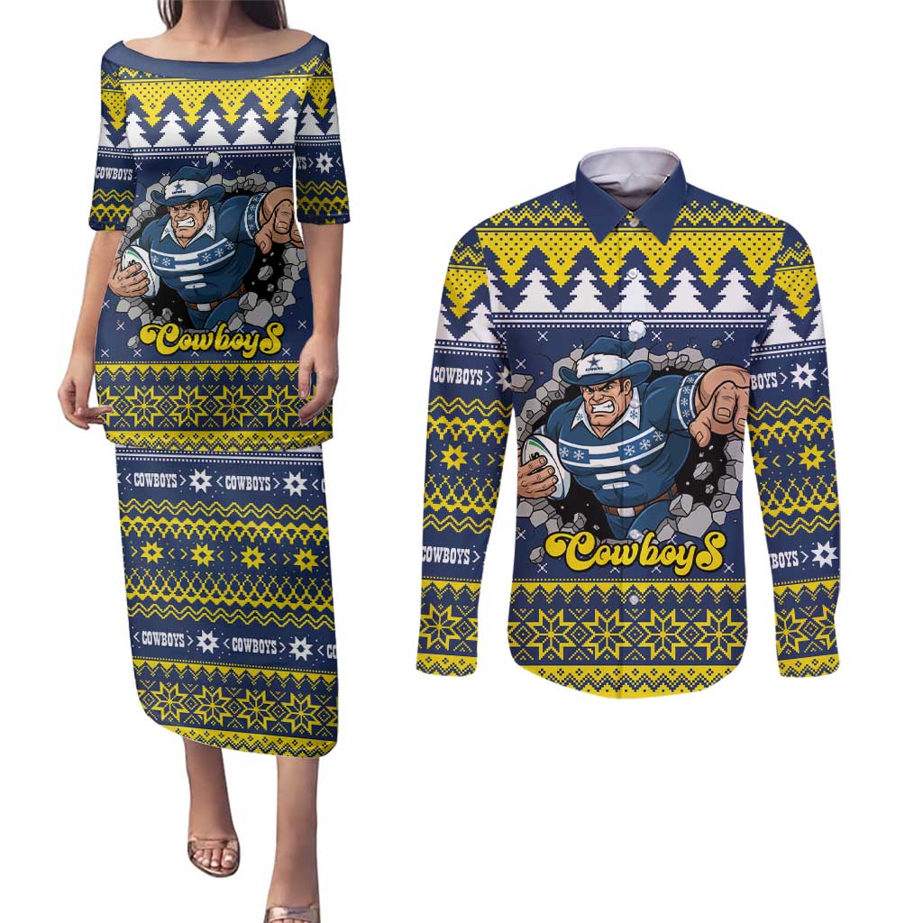 Merry Queensland Cowboys Personalised Couples Matching Puletasi and Long Sleeve Button Shirt Christmas Rugby League Spirit - Aussie Hoodie