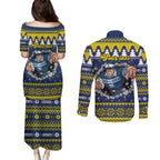 Merry Queensland Cowboys Personalised Couples Matching Puletasi and Long Sleeve Button Shirt Christmas Rugby League Spirit - Aussie Hoodie