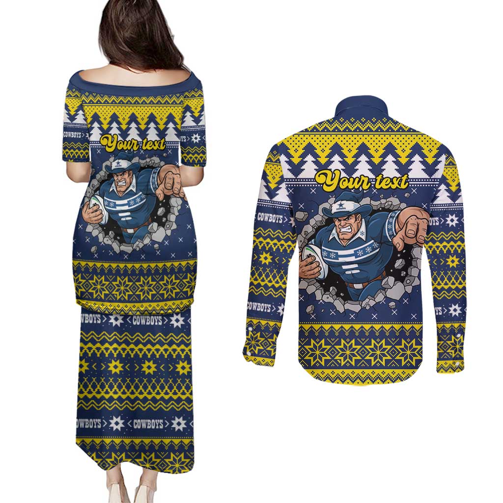 Merry Queensland Cowboys Personalised Couples Matching Puletasi and Long Sleeve Button Shirt Christmas Rugby League Spirit - Aussie Hoodie