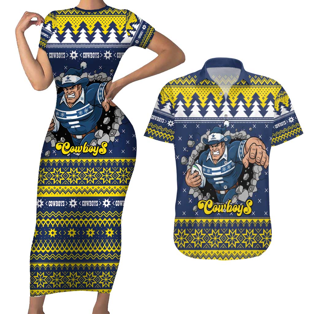 Merry Queensland Cowboys Personalised Couples Matching Short Sleeve Bodycon Dress and Hawaiian Shirt Christmas Rugby League Spirit - Aussie Hoodie