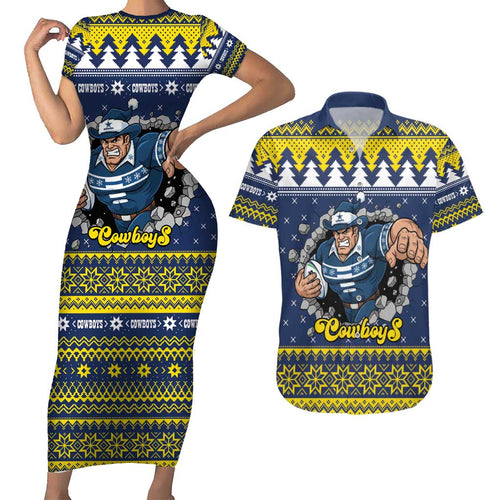 Merry Queensland Cowboys Personalised Couples Matching Short Sleeve Bodycon Dress and Hawaiian Shirt Christmas Rugby League Spirit - Aussie Hoodie