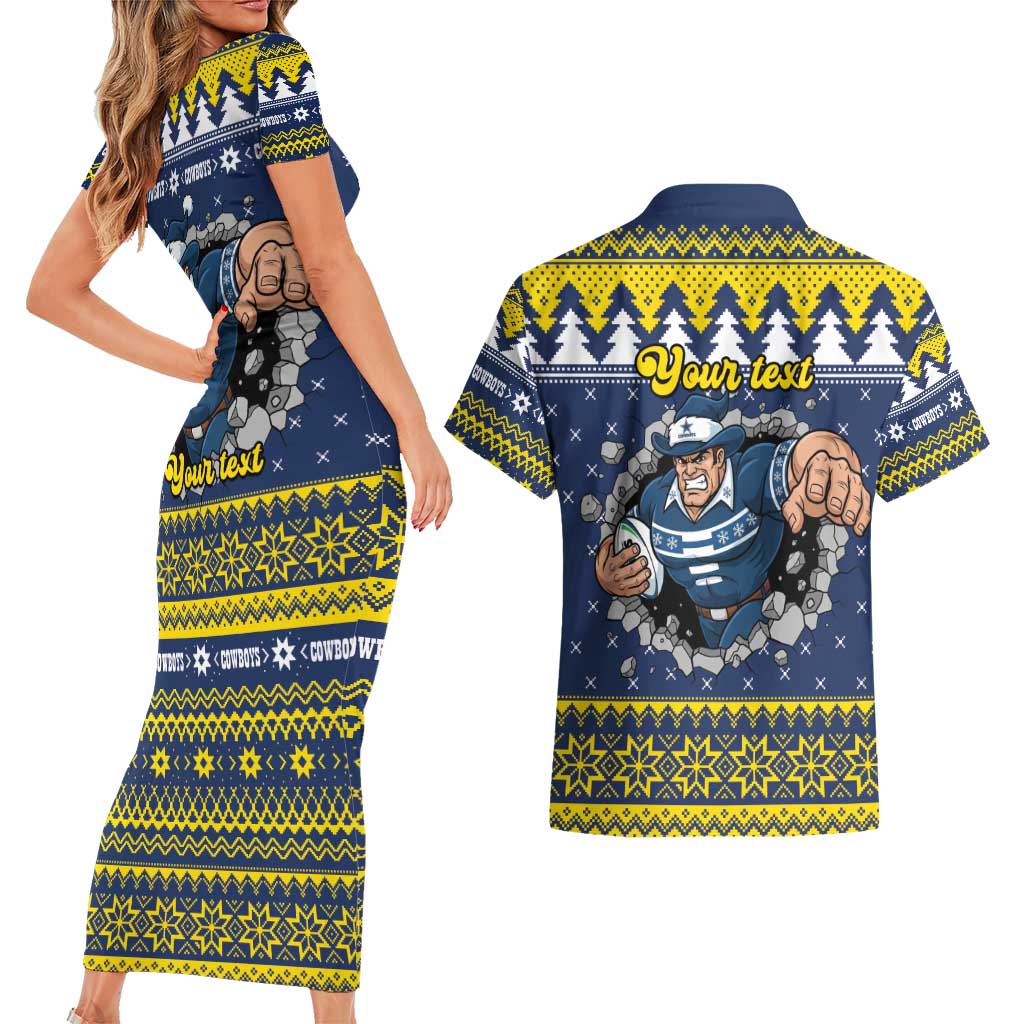 Merry Queensland Cowboys Personalised Couples Matching Short Sleeve Bodycon Dress and Hawaiian Shirt Christmas Rugby League Spirit - Aussie Hoodie