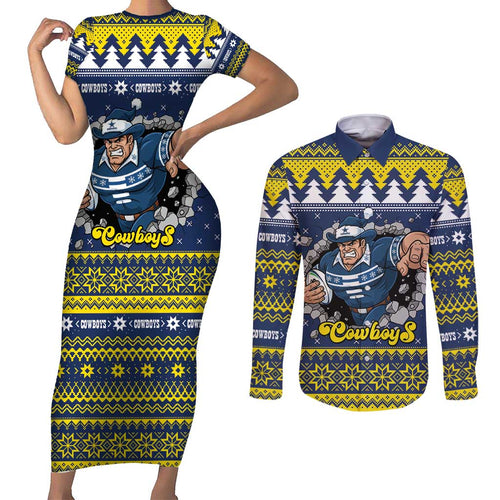 Merry Queensland Cowboys Personalised Couples Matching Short Sleeve Bodycon Dress and Long Sleeve Button Shirt Christmas Rugby League Spirit - Aussie Hoodie