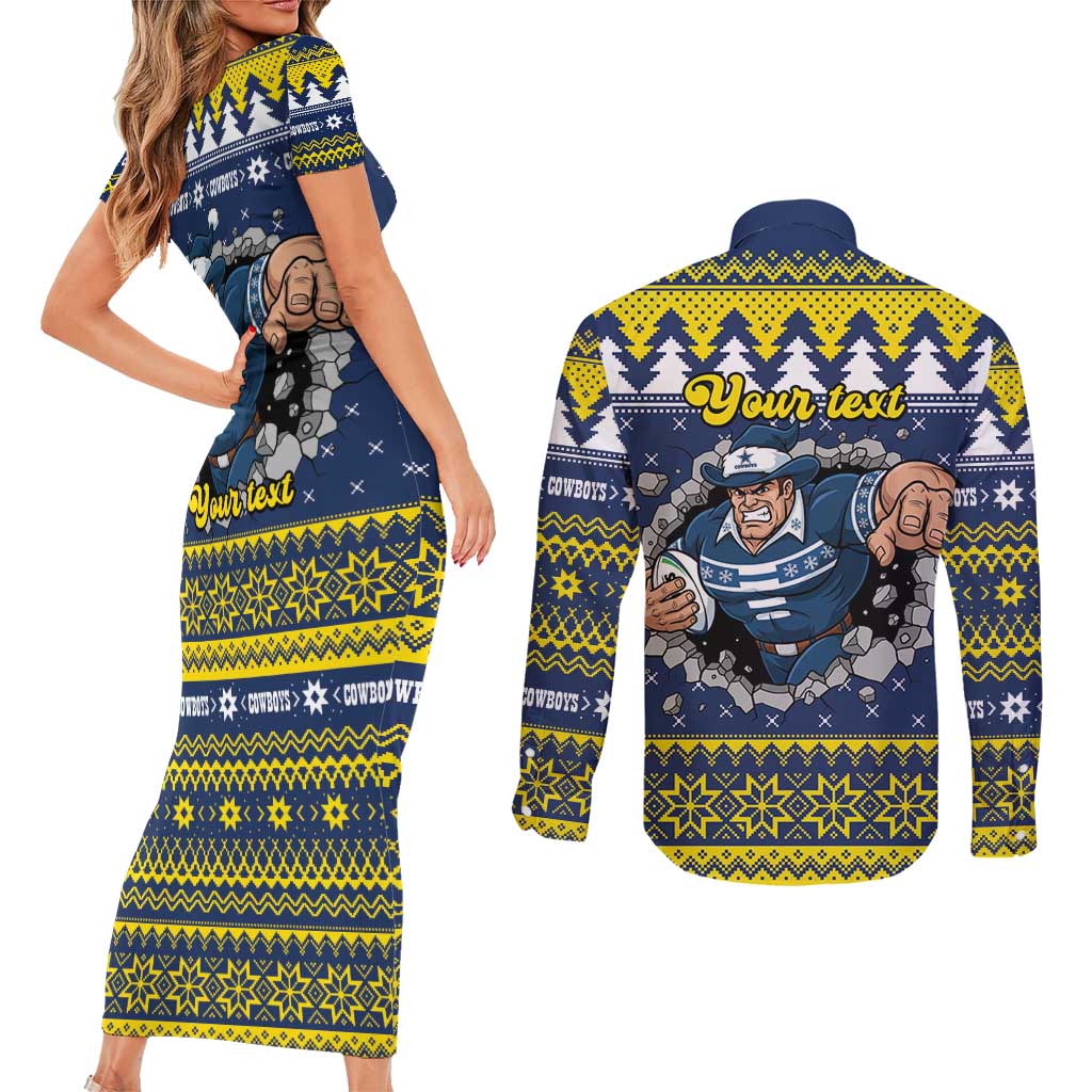 Merry Queensland Cowboys Personalised Couples Matching Short Sleeve Bodycon Dress and Long Sleeve Button Shirt Christmas Rugby League Spirit - Aussie Hoodie