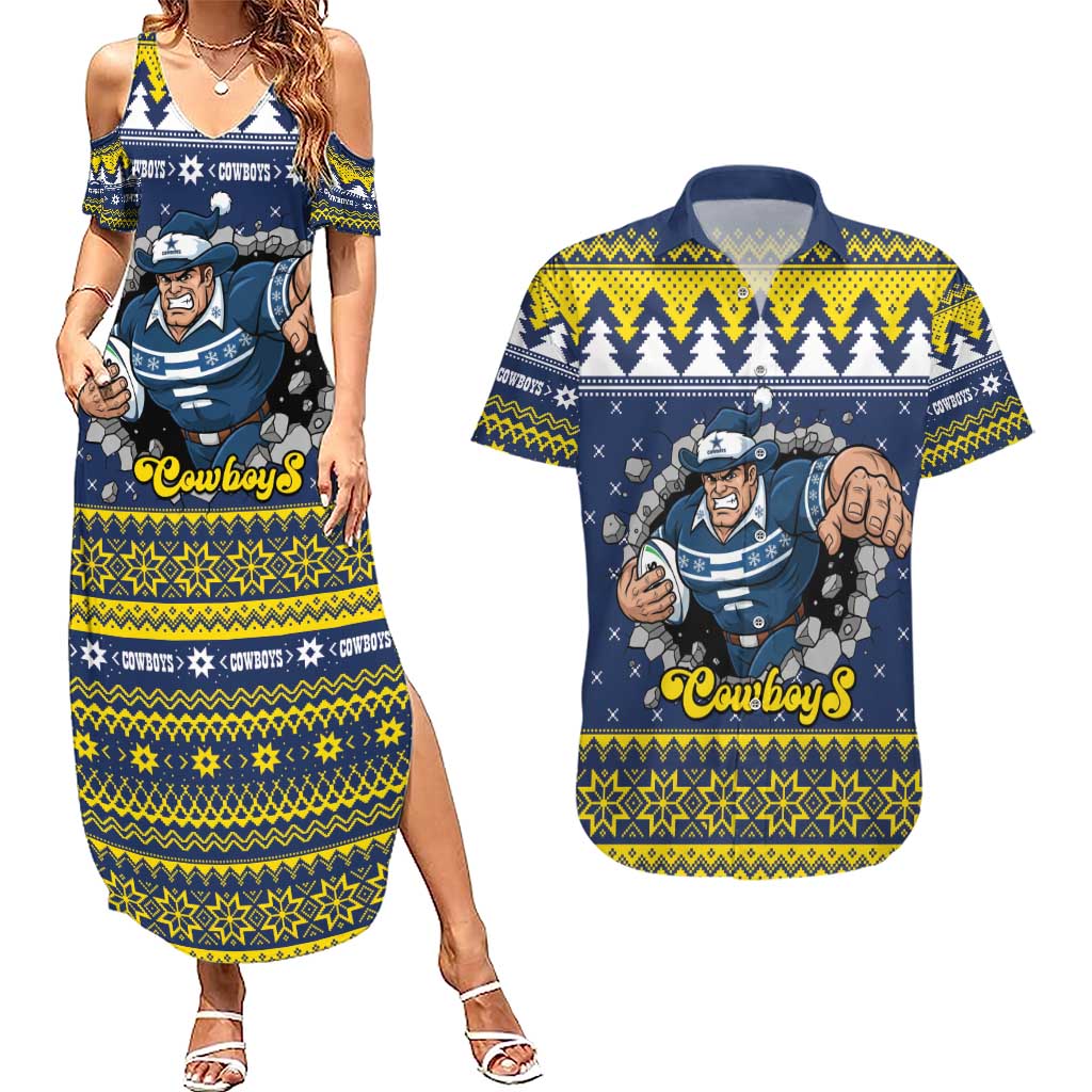 Merry Queensland Cowboys Personalised Couples Matching Summer Maxi Dress and Hawaiian Shirt Christmas Rugby League Spirit - Aussie Hoodie