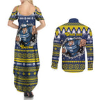 Merry Queensland Cowboys Personalised Couples Matching Summer Maxi Dress and Long Sleeve Button Shirt Christmas Rugby League Spirit - Aussie Hoodie