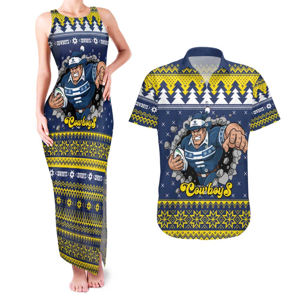 Merry Queensland Cowboys Personalised Couples Matching Tank Maxi Dress and Hawaiian Shirt Christmas Rugby League Spirit - Aussie Hoodie