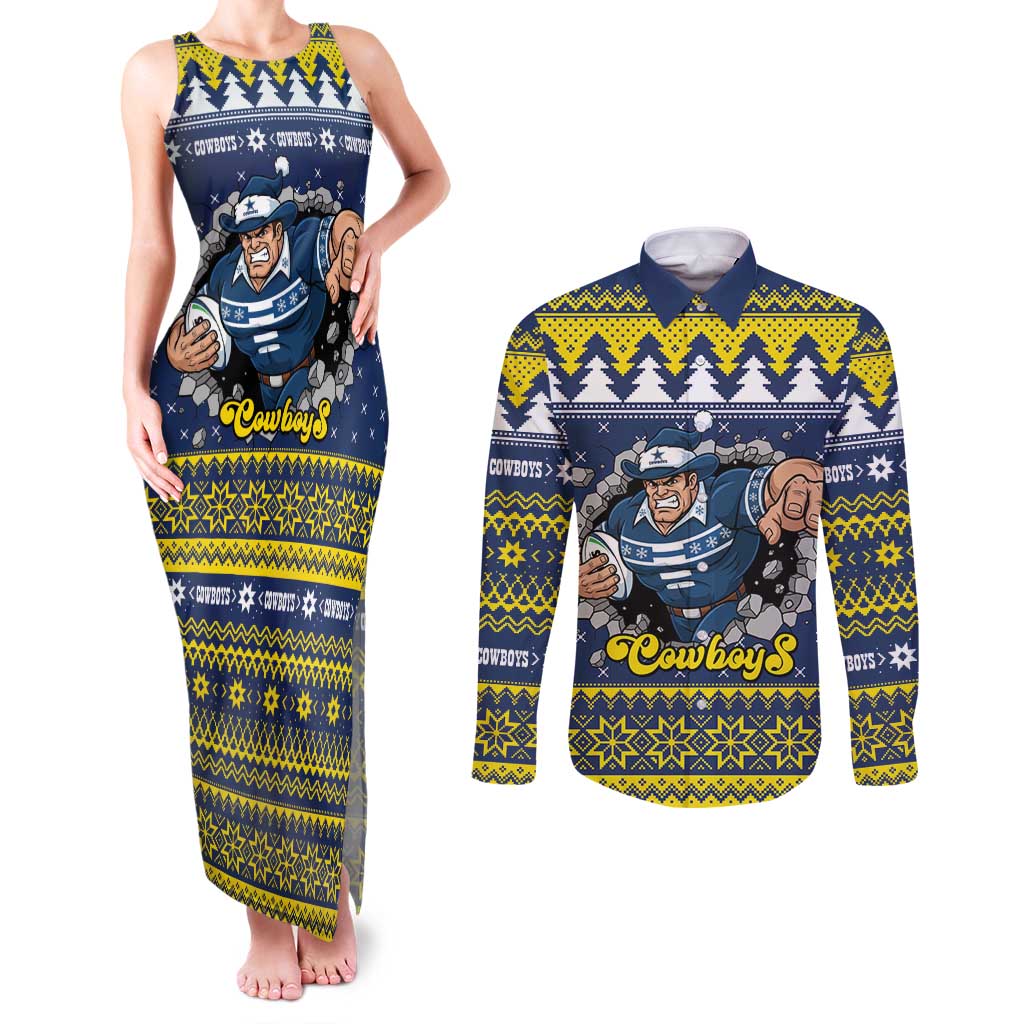 Merry Queensland Cowboys Personalised Couples Matching Tank Maxi Dress and Long Sleeve Button Shirt Christmas Rugby League Spirit - Aussie Hoodie