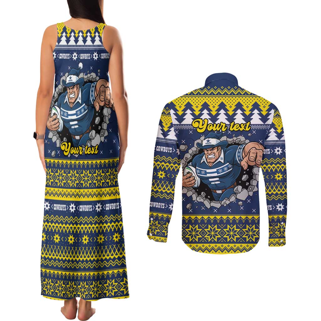 Merry Queensland Cowboys Personalised Couples Matching Tank Maxi Dress and Long Sleeve Button Shirt Christmas Rugby League Spirit - Aussie Hoodie