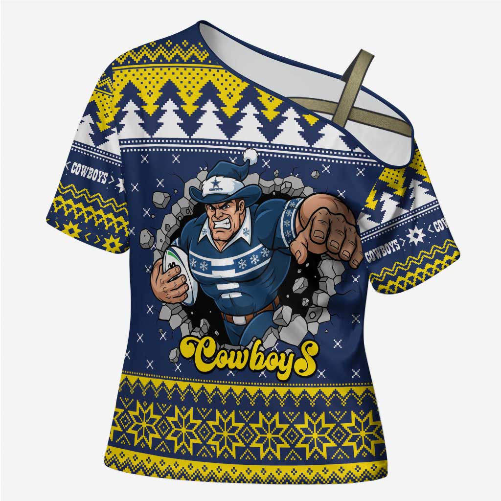 Merry Queensland Cowboys Personalised Cross Shoulder Shirt Christmas Rugby League Spirit - Aussie Hoodie