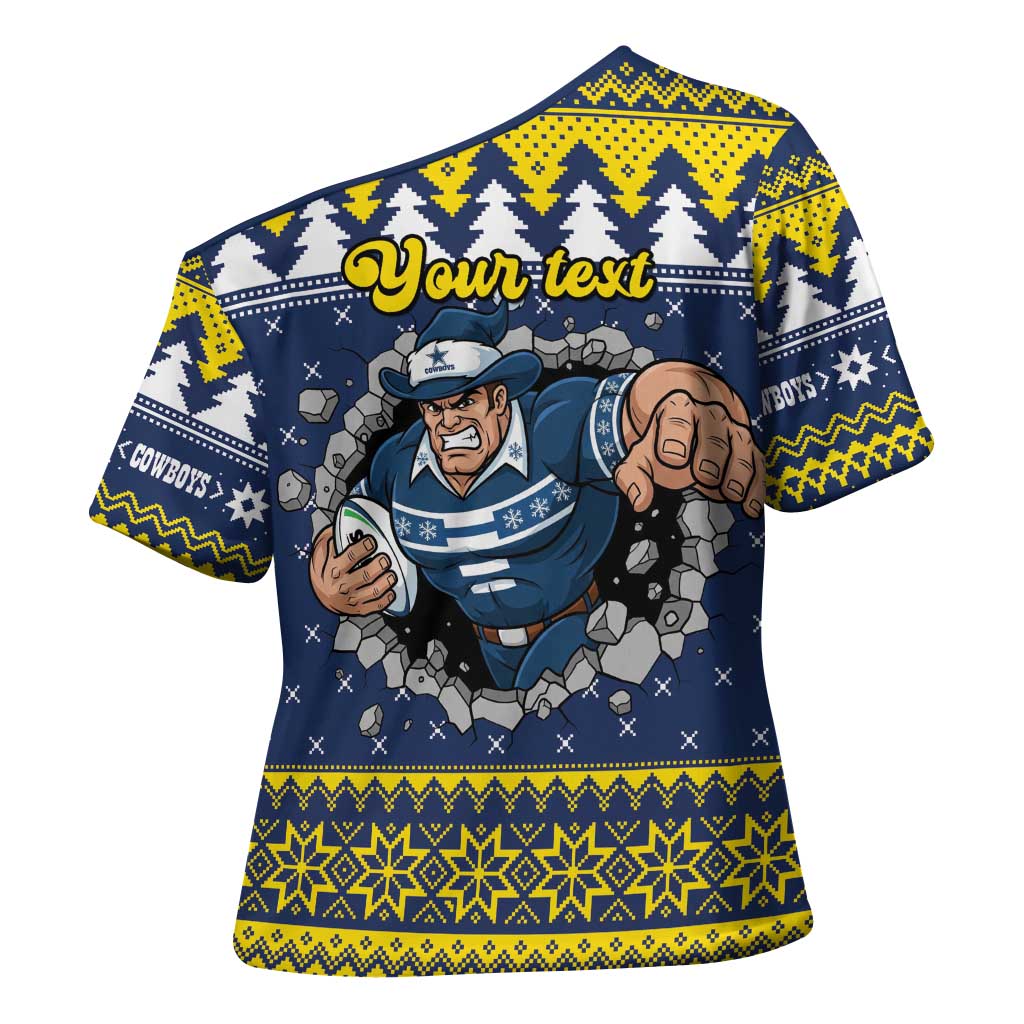 Merry Queensland Cowboys Personalised Cross Shoulder Shirt Christmas Rugby League Spirit - Aussie Hoodie