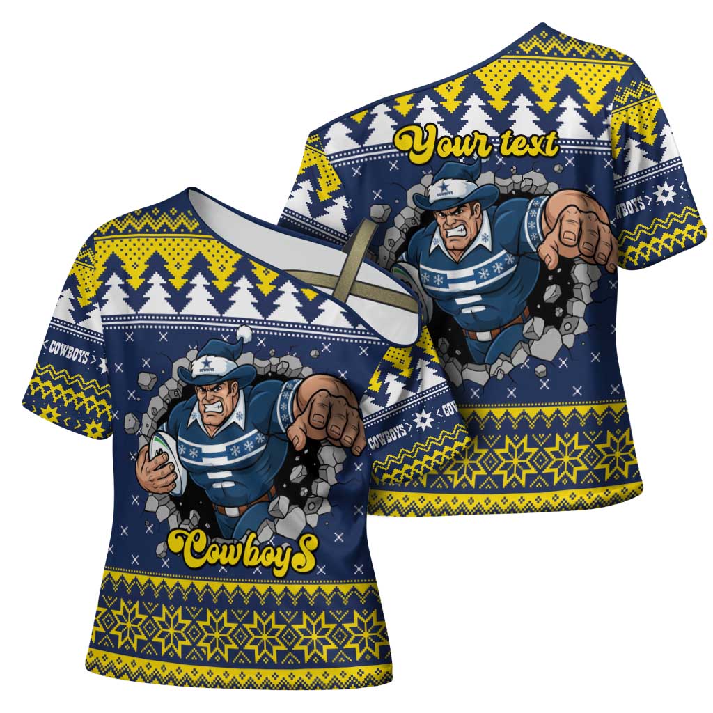 Merry Queensland Cowboys Personalised Cross Shoulder Shirt Christmas Rugby League Spirit - Aussie Hoodie