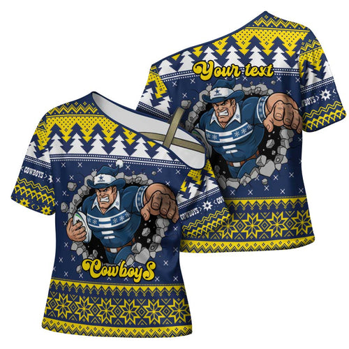Merry Queensland Cowboys Personalised Cross Shoulder Shirt Christmas Rugby League Spirit - Aussie Hoodie