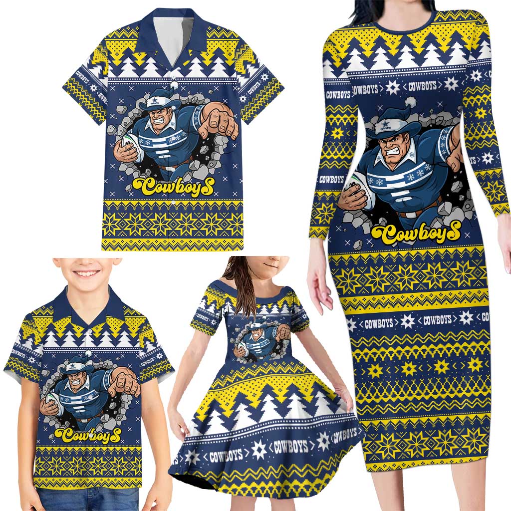 Merry Queensland Cowboys Personalised Family Matching Long Sleeve Bodycon Dress and Hawaiian Shirt Christmas Rugby League Spirit - Aussie Hoodie