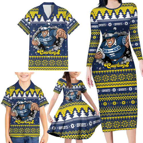 Merry Queensland Cowboys Personalised Family Matching Long Sleeve Bodycon Dress and Hawaiian Shirt Christmas Rugby League Spirit - Aussie Hoodie