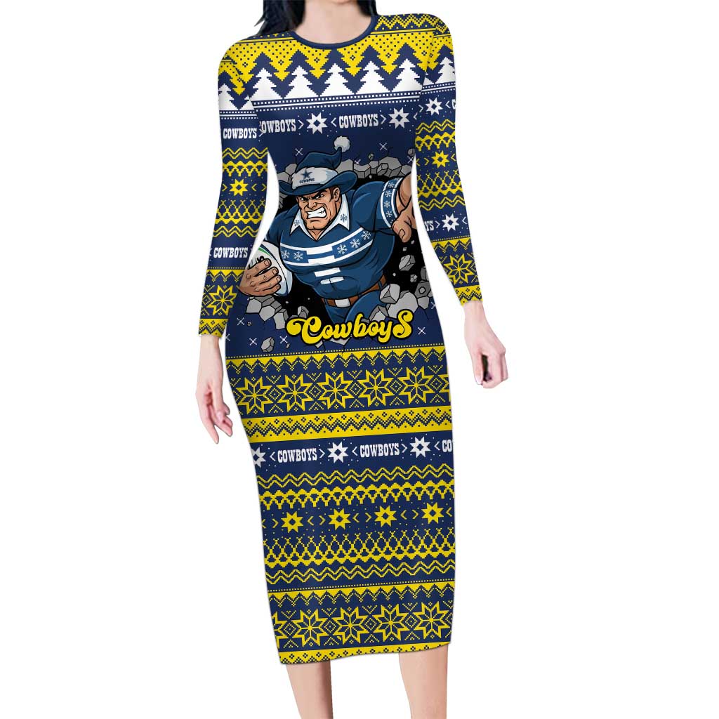 Merry Queensland Cowboys Personalised Family Matching Long Sleeve Bodycon Dress and Hawaiian Shirt Christmas Rugby League Spirit - Aussie Hoodie