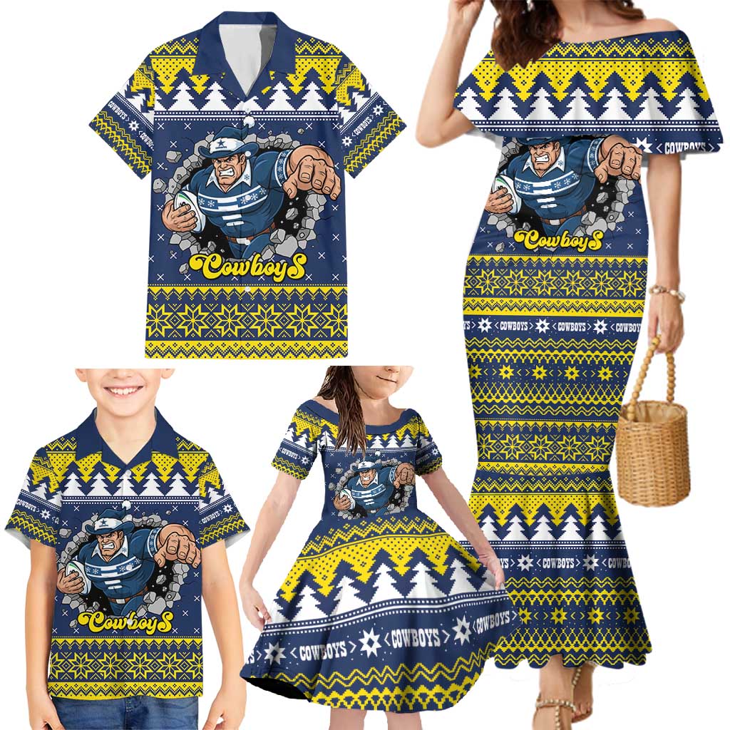 Merry Queensland Cowboys Personalised Family Matching Mermaid Dress and Hawaiian Shirt Christmas Rugby League Spirit - Aussie Hoodie