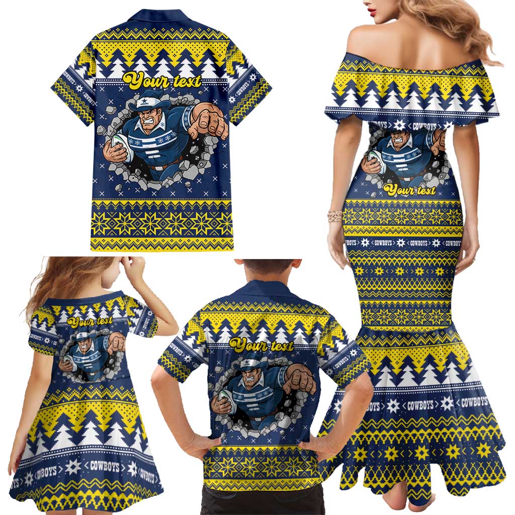 Merry Queensland Cowboys Personalised Family Matching Mermaid Dress and Hawaiian Shirt Christmas Rugby League Spirit LT9