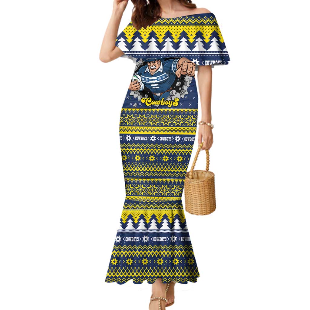 Merry Queensland Cowboys Personalised Family Matching Mermaid Dress and Hawaiian Shirt Christmas Rugby League Spirit LT9