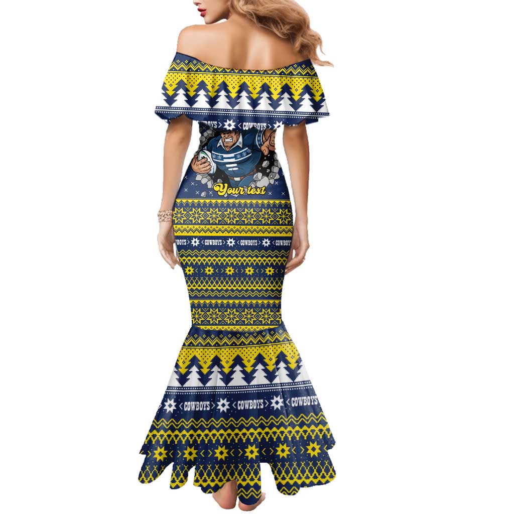 Merry Queensland Cowboys Personalised Family Matching Mermaid Dress and Hawaiian Shirt Christmas Rugby League Spirit LT9